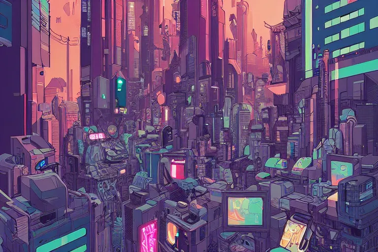 Image similar to a crowded cyberpunk intersection by Josan Gonzalez, golden ratio, heavy linework, clean strokes, sharp edges, flat colors, cell shaded