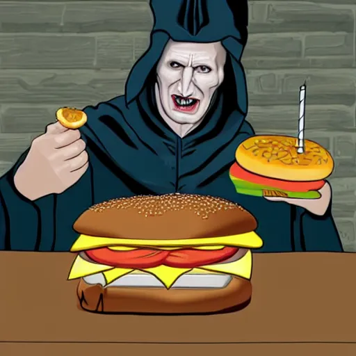 Image similar to Lord Voldemort eating a cheeseburger, photo realistic, award-winning, highly-detailed, epic, cinematic, dramatic