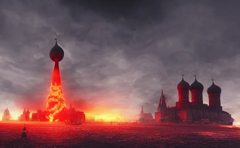 Image similar to ultra realistic wide shot of a big nuclear explosion with realistic nuclear mushroom in Red Square Kremlin, dark atmosphere, extremely high detail, photo realistic, cinematic lighting, post processed, artstation, matte painting, unreal engine 5, 8k