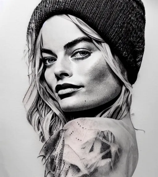 Image similar to mash up tattoo sketch of margot robbie with beautiful mountain scenery, double exposure effect, in the style of arlo dicristina, hyper realism, amazing detail, sharp