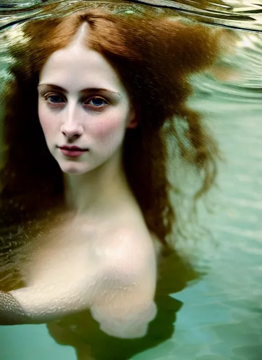 Prompt: Kodak Portra 400, 8K, soft light, volumetric lighting, highly detailed, britt marling style 3/4, extreme Close-up portrait photography of a beautiful woman how pre-Raphaelites with half face immersed in water, the hair floats on the water, a beautiful lace dress and hair are intricate with highly detailed realistic beautiful flowers , Realistic, Refined, Highly Detailed, natural outdoor soft pastel lighting colors scheme, outdoor fine art photography, Hyper realistic, photo realistic