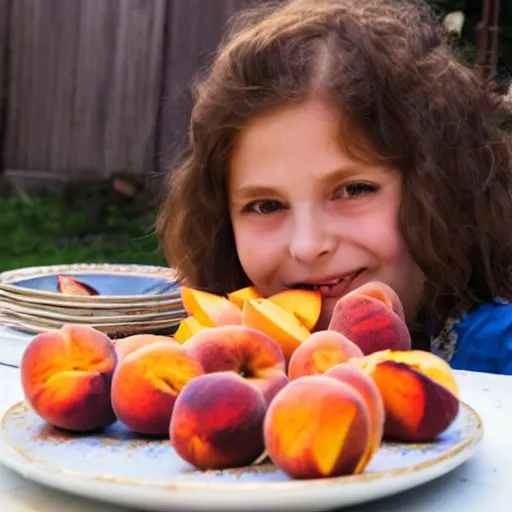 Prompt: girl in the background, table and plate of peaches in the foreground,