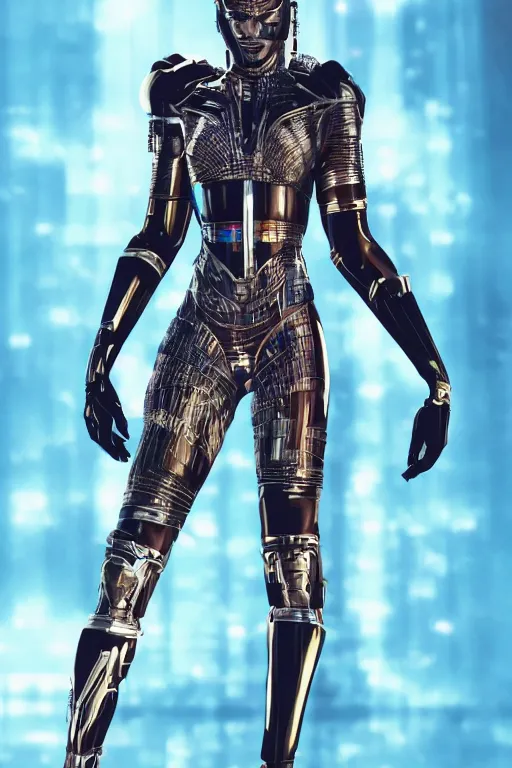 Image similar to full body portrait of the African Android Queen, by DC comics and Sandra Chevrier and beeple, artstation, volumetric lighting, hyperrealism, futuristic royalty, strong and muscular, award winning costume design, cybernetic cyborg, fashion show runway, futuristic fine textures, woven with electricity, high fashion superpowers, wakanda, 4k UHD, 35mm