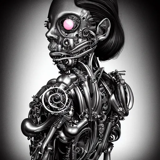 Image similar to 3 d portrait of a biomechanical cyborg by tony diterlizzi, tim burton, hr giger, ilford hp 5, 5 5 mm, machinecore by artgerm, 3 d render, gothcore, beeple, joseph leyendecker, carlo carra