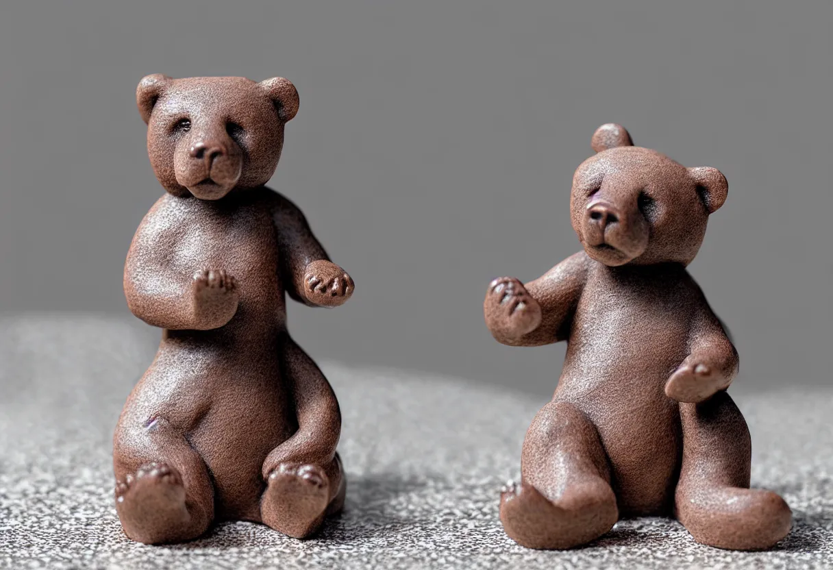 Image similar to clay bear figurine on marble table, highly detailed photo, hyper realism, low depth of field