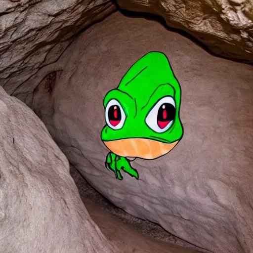 Image similar to dinosaur pepe in a cave
