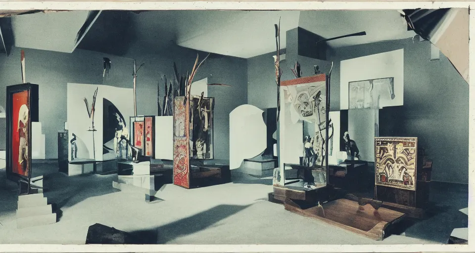 Image similar to An offset photography of an object on display, three colors, ((((anthropology of wonder)))), (exotic artifacts), bauhaus, colonial expedition, exhibition, 60s style