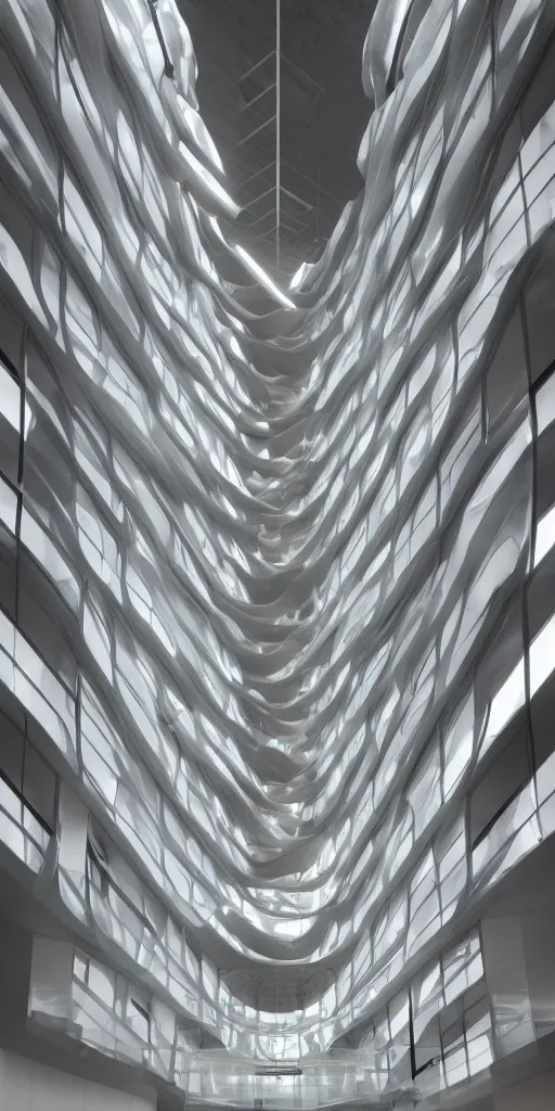 Image similar to a beautiful futuristic vertical lobby, volumetric light, smooth, smooth curvilinear design, 8K