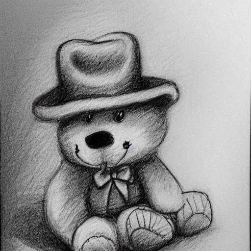 Prompt: suspicious teddy bear wearing a fedora, sneaking, looking around, in an alley, pencil sketch, black and white