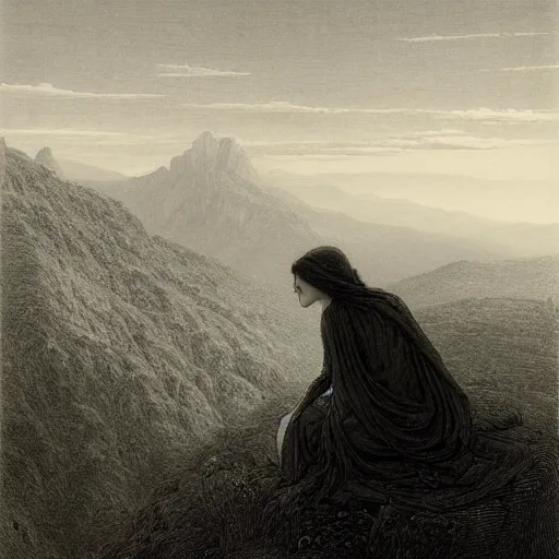 Prompt: A lonely widow looks from a mountaintop, mountains, gorgeous view, velly distant forest, distant city, distant glow, night, sunset, dramatic light, Chiaroscuro, long shadows, dark, masterpiece, high detail, detailed, illustration by Paul Gustave Doré
