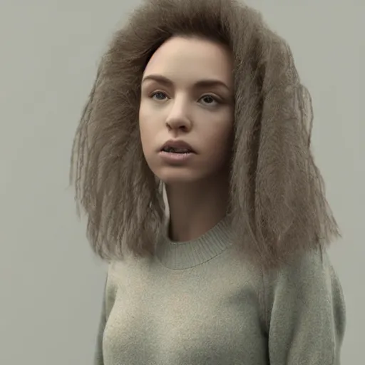 Prompt: young woman with flowing hair dressed in a comfortable sweater, rendered in octane, photorealism