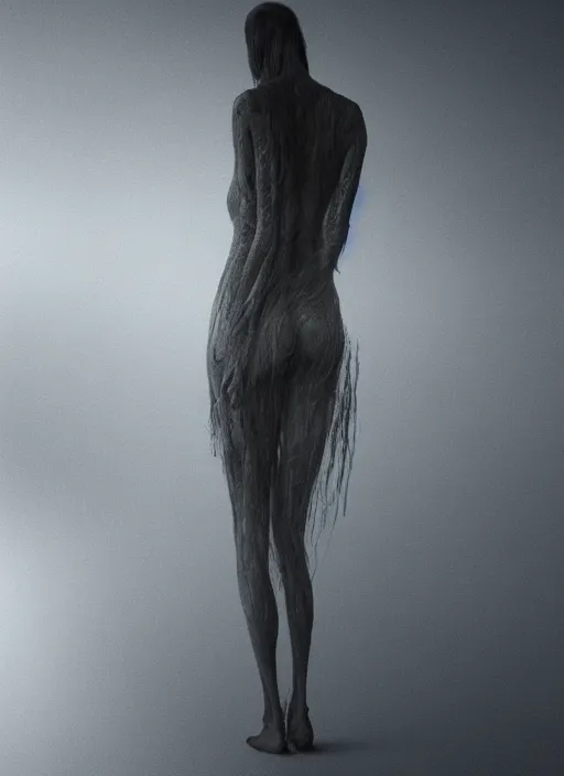 Image similar to woman inspired by zdzislaw beksinski, canyon, clothes made out of veins, rgb, cables everywhere, bedroom, ultra realistic, concept art, intricate details, highly detailed, photorealistic, octane render, 8 k