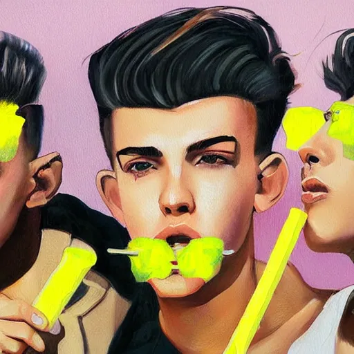 Prompt: a painting of three male teenagers with rockabilly haircuts holding yellow ice pops and looking at women in the streets high details by ross tran