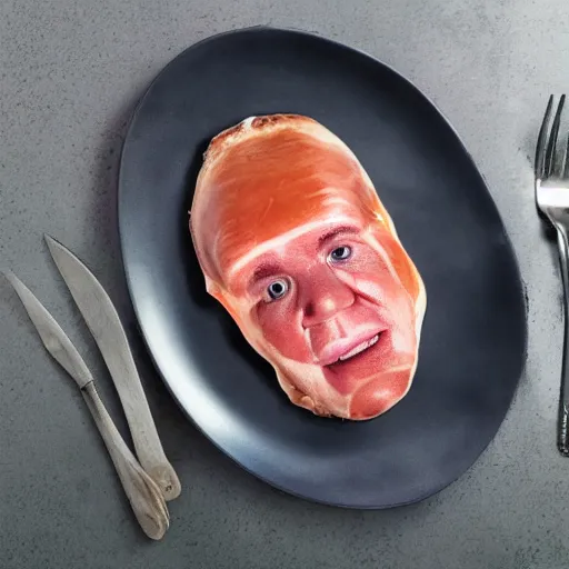 Image similar to gordon ramsay's face on a cooked leg of ham on a plate