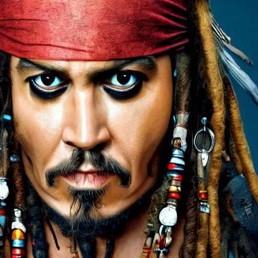 Image similar to jack sparrow with a parrot on the shoulder, realistic portrait, 8k resolution, hyper detailed, studio lighting, cinematic, sharp