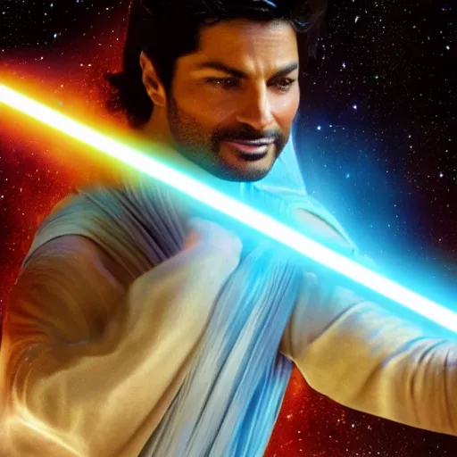 Prompt: Chayanne the singer as a jedi in star wars, holding a lightsabre. splash art, cinematic lighting, dramatic, octane render, long lens, shallow depth of field, bokeh, anamorphic lens flare, 8k, hyper detailed, 35mm film grain