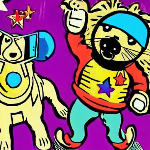 Image similar to a golden retriever and a raccoon dressed as crazy superheroes scientists on an adventure in space, 1960s psychedelic style