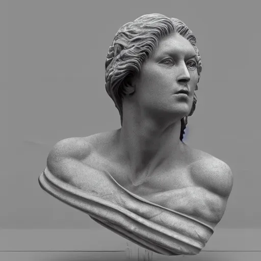 Prompt: 3 / 4 view androgynous bust sculpture made of marble, long flowing hair made of clear glass, rendered in cinema 4 d, sharp focus