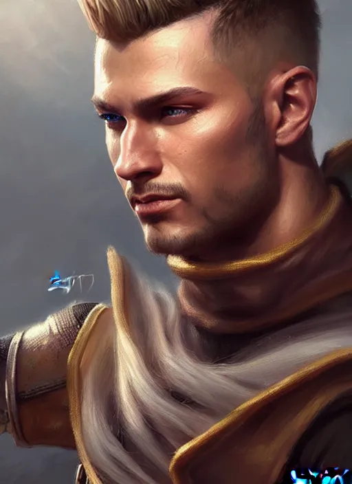 Prompt: a _ fantasy _ style _ portrait _ painting _ of fighter male, medium dark blonde pulled back side part and blonde stubble, rpg dnd oil _ painting _ unreal _ 5 _ daz. _ rpg _ portrait _ extremely _ detailed _ artgerm _ greg _ rutkowski _ greg