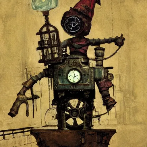 Image similar to Graffiti Spraypaint A gnome gnome riding a steampunk automaton clockwork golem golem by frank frazetta greg rutkowski alberto sughi elina brotherus peter doig robert rauschenberg mark ryden tombow