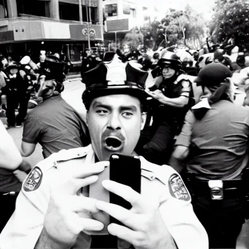 Image similar to selfie of a cop eating a donut with a riot taking place behind him, los angeles 1 9 9 2,