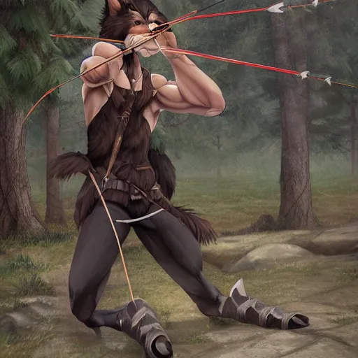 Image similar to muscular wolf archer aiming for a tree, fursona, anthro, male, detailed fur, detailed clothing, painting, makoto shinkai