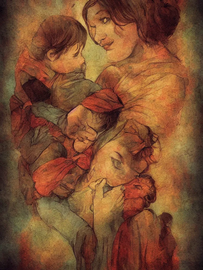 Image similar to mother by storybook artists, blunt borders, rule of thirds, warm colors, beautiful!