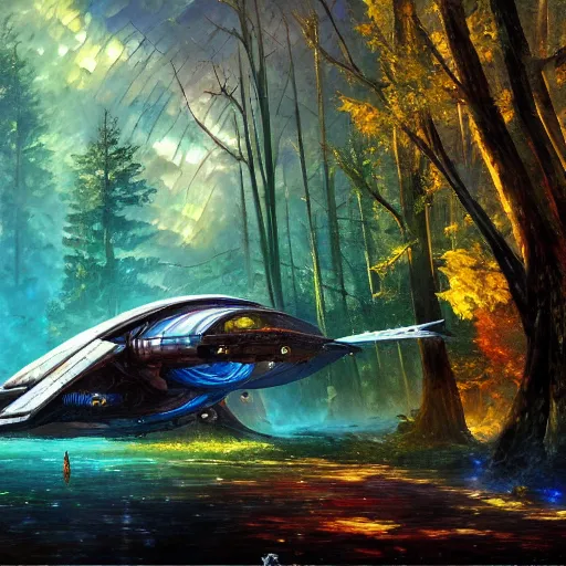 Image similar to crashed spaceship in forest cryengine render by android jones, james christensen, rob gonsalves, leonid afremov and tim white