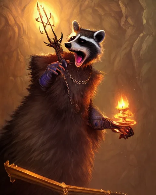 Prompt: anthropomorphic royal warlock raccoon casting a spell in a dungeon, dark souls, d & d, fantasy, intricate, action pose, elegant, highly detailed, digital painting, artstation, concept art, matte, sharp focus, illustration, hearthstone, art by artgerm, wlop, greg rutkowski and alphonse mucha