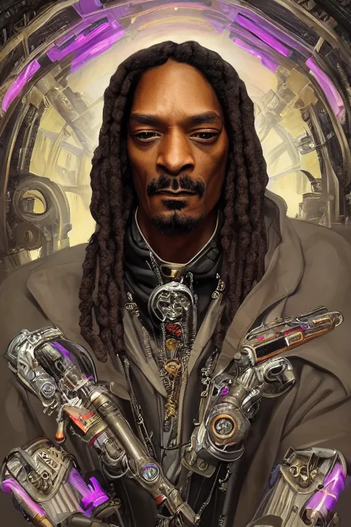 Prompt: snoop dog as a steampunk cyborg gunslinger, portrait, cyber western, neon, duster, fantasy, intricate, elegant, highly detailed, digital painting, artstation, concept art, sharp focus, illustration, art by artgerm and greg rutkowski and alphonse mucha