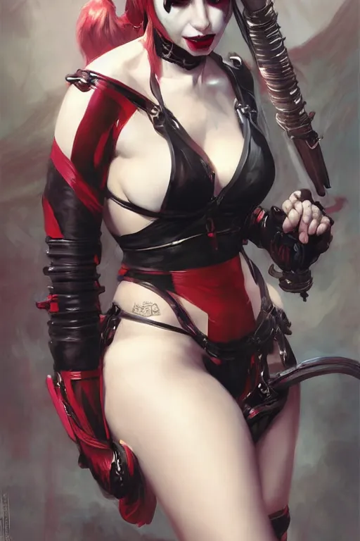 Image similar to portrait of succubus Harley Quinn in bikini armor, dc comics, cyberpunk, Warhammer 40000, dark fantasy, digital art from artstation by Ruan Jia and Mandy Jurgens and Artgerm and william-adolphe bouguereau