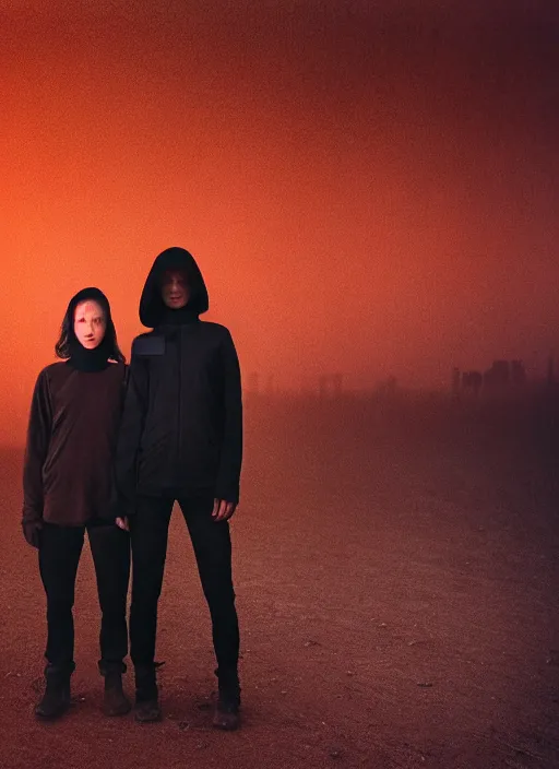 Image similar to cinestill 5 0 d photographic portrait by steve mccurry of two loving female androids wearing rugged black techwear on a desolate plain with a red sky in front of a brutalist structure, extreme closeup, cyberpunk style, dust storm, 8 k, hd, high resolution, 3 5 mm, f / 3 2, ultra realistic faces, ex machina