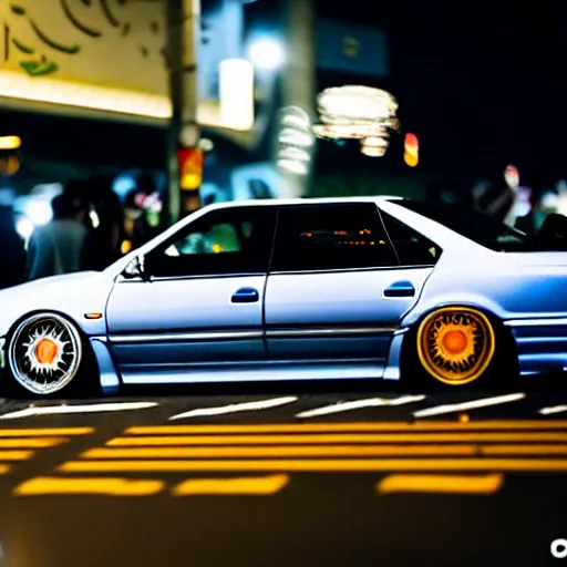 Image similar to a car JZX100 at illegal car meet, Shibuya prefecture, city midnight mist, cinematic color, photorealistic, highly detailed, 200MM