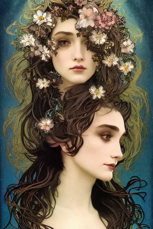 Prompt: a goddess of dark flowers!! hair in the wind! with a beautiful symmetrical face!!! cinematic lightning, murky dusty deep, smoky eyes, isolated, studio lighting by alphonse mucha and tom bagshaw