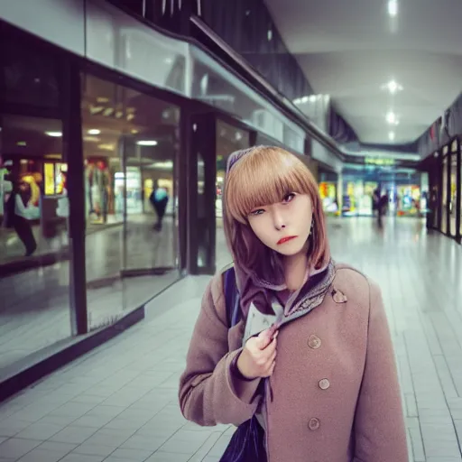 Prompt: a closeup portrait of woman walking in mall alone in style of 1990s, street photography seinen manga fashion edition, focus on face, eye contact, tilt shift style scene background, soft lighting, Kodak Portra 400, cinematic style, fish-eye camera, telephoto