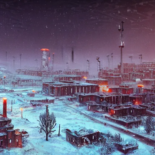 Image similar to a oil painting of brutalism old atom winter soviet town from frostpunk by Simon Stålenhag, in style of fractal landscape by Simon Stalenhag, atompunk, Sci-Fi, 8k, ultra detail, volumetric lighting, unreal engine, octane render, ultra realistic, max quality, epic 35 mm lens shot, photorealism