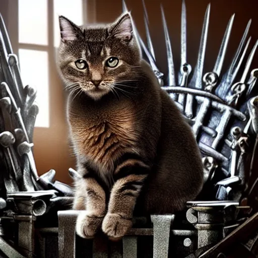 Image similar to a cute cat sitting on the iron throne. high definition