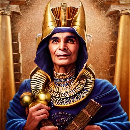 Prompt: a detailed fantasy character portrait of abdel halim hafez as egyptian god of art by lauri blank, artgerm, evelyn de morgan, 8K, 50mm lens