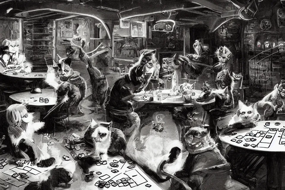 Image similar to people playing dice with cats in a neon basement, by john kricfalusi and syd mead