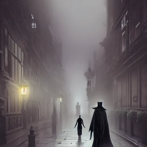 Prompt: a photography of plague doctor walks through a Victorian city, trending in artstation, photo-realistic, dramatic light, bokeh effect, volumetric fog, detailed