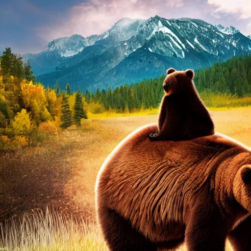 Image similar to bob ross riding on the back of a brown bear, a colorized photo by giuseppe bernardino bison, shutterstock contest winner, digital art, national geographic photo, stockphoto, majestic