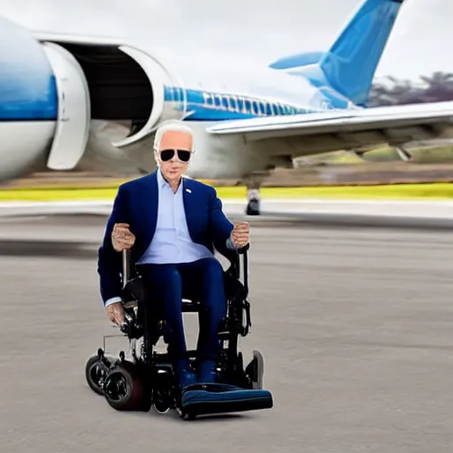 Image similar to still image of joe biden sitting in a turbo boosted wheelchair with a jet engine, 8 k photo