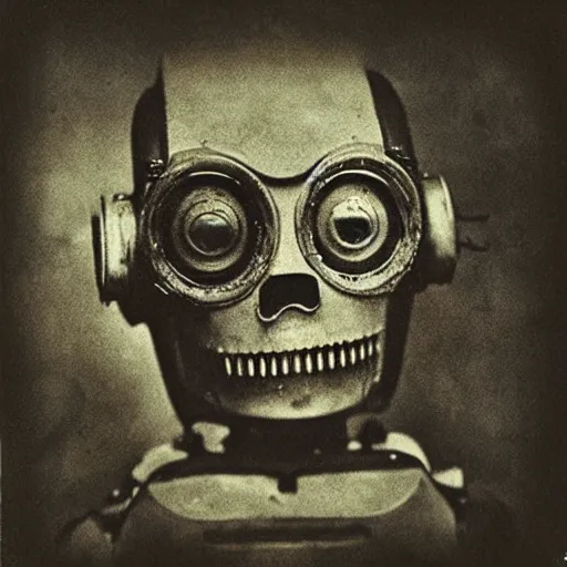 Image similar to “Early 1900s daguerreotype, robot zombie in the forest, hyper realistic, by Steven Rhodes, shallow depth of field, sepia, eerie, macabre, scratches and burns on film, horror, cinematic, photorealistic, highly detailed”