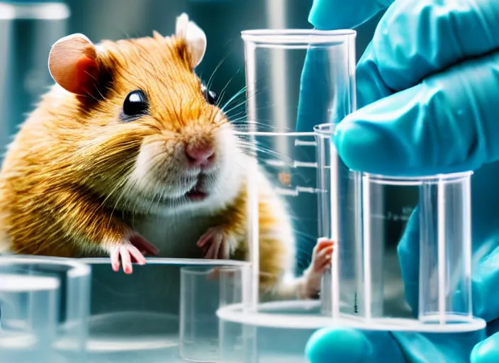 Image similar to film still of a hamster working in a research lab filling test tubes, 8 k