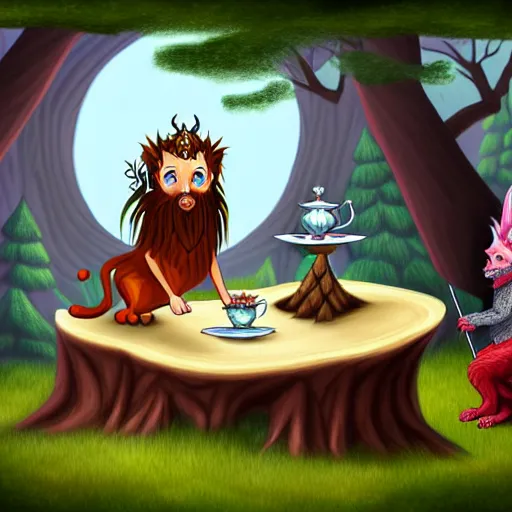 Image similar to fantasy illustration of a manticore at a tea party with a gnome wizard and and ogre knight of the realm. Setting is a forest. Table is a tree stump with a kettle on top