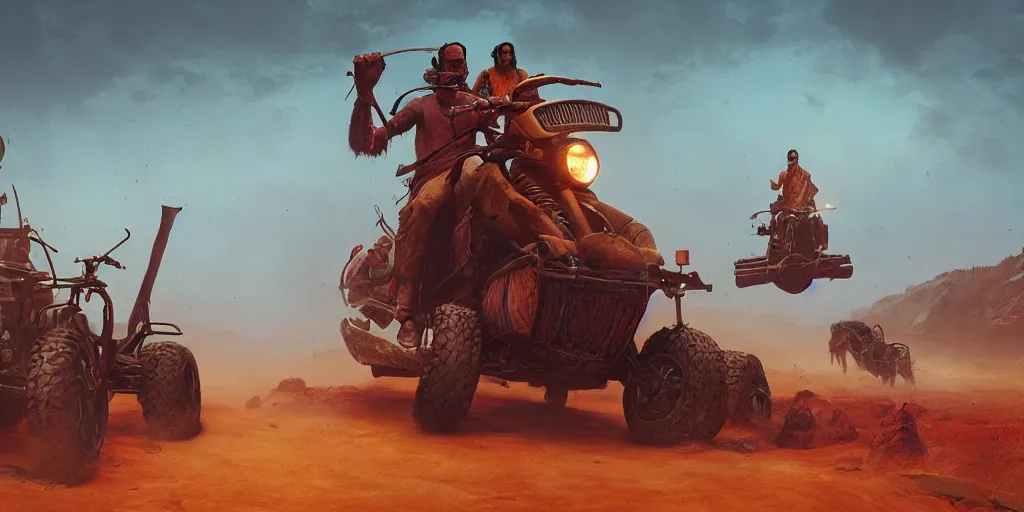 Image similar to indian on wooden native atv attacking bufallos, action scene, an epic fantasy, dramatic lighting, cinematic, establishing shot, extremely high detail, photorealistic, cinematic lighting, artstation, octane render, by simon stalenhag, horizon forbidden west and western