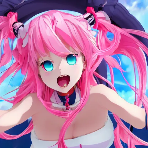 Image similar to stunningly beautilful omnipotent megalomaniacal anime goddess who looks like junko enoshima with symmetrical perfect face and porcelain skin, pink twintail hair and cyan eyes, taking control while smiling, mid view from below her feet taken in an extremely low angle, hyperdetailed, digital art, unreal engine 5, 2 d anime style, 8 k