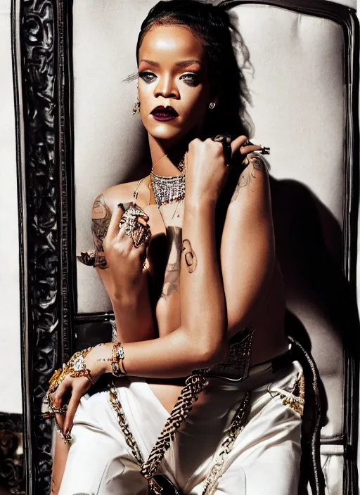 Prompt: rihanna styled by nick knight posing in an expensive mansion setting, vogue magazine, highly realistic. high resolution. highly detailed. dramatic. 8 k. 4 k.