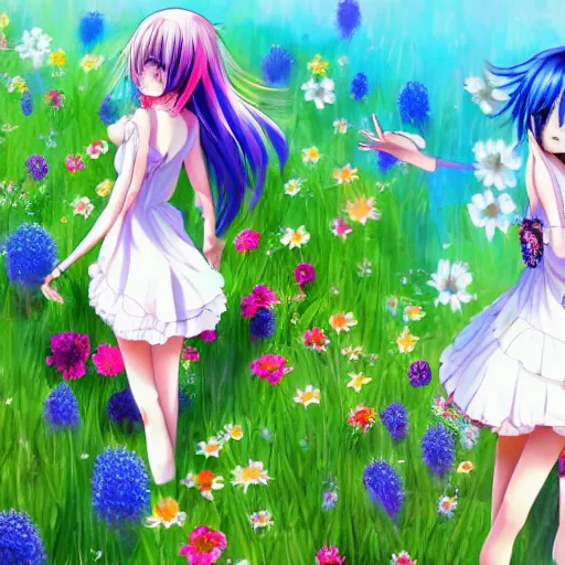 Prompt: Anime girl with cobalt blue hair and a side bun wearing a sun dress in a scenic field of flowers, trending on pixiv, very very beautiful, 4k