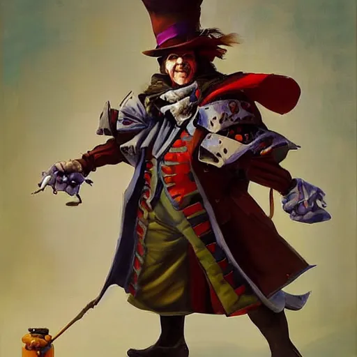 Image similar to greg manchess portrait painting of partially armored mad hatter from alice in wonderland as overwatch character, wacky, medium shot, asymmetrical, profile picture, organic painting, sunny day, matte painting, bold shapes, hard edges, street art, trending on artstation, by huang guangjian and gil elvgren and jesper ejsing